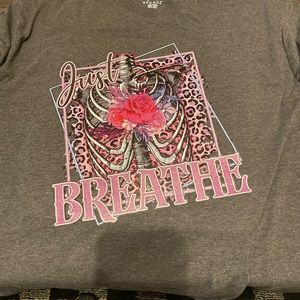 NWT Gray with Pink Writing “Just Breathe”